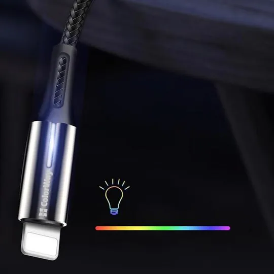 Купити Кабель ColorWay USB - Lightning (M/M), 2.4 А, Zinc Alloy + Led, 1 м, Black (CW-CBUL035-BK)