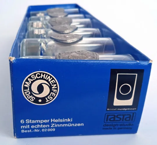 Рюмки чарки з олов'яною монетою 6 шт Helsinki кришталеве скло 1970-ті Німеччина Yf 21 Характеристики