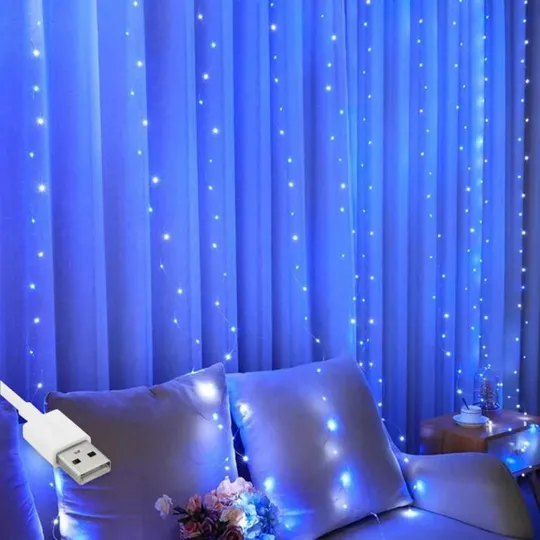Гирлянда штора &quot;Роса&quot; от USB, 3x2м, 400 LED, 20 нитей, 8 режимов, IP44 Сине-белый Ціна