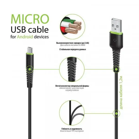 Кабель Intaleo CBFLEXM2 USB - micro USB (M/M), 2 м, Black (1283126521430) З аукціону