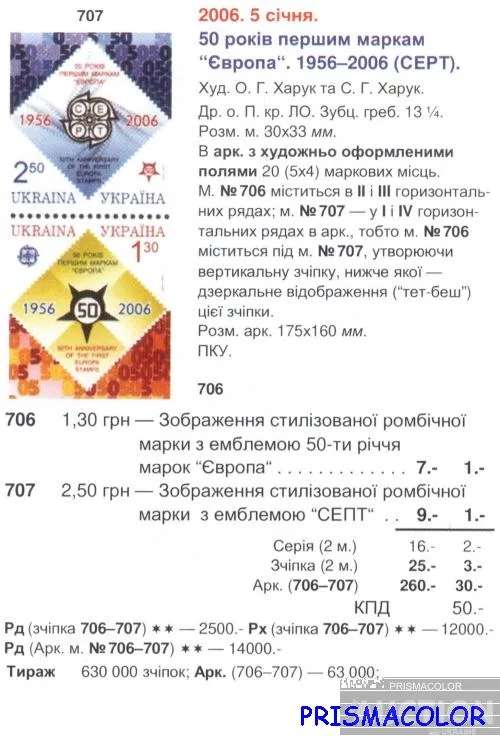 Купити ** УКРАЇНА 2006 зчіпка 50 років першим маркам Європа 1956-2006 (СЕРТ)