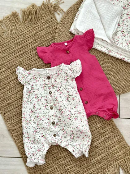фото, Набір для дівчаток 2 ромпери та плед з мусліну (різні кольори) 62, малиновий/білий квіти