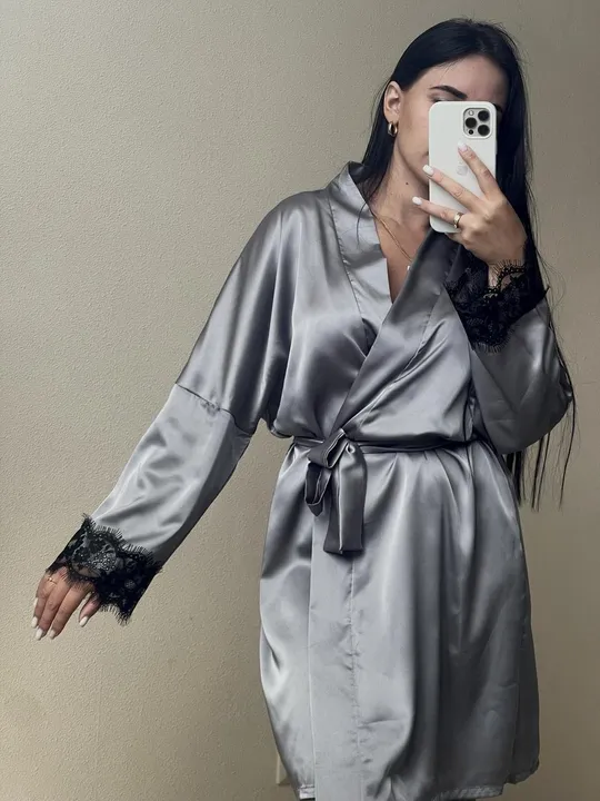 Халат із шовку Армані з мереживом  Christel 084 сірий XS-L Ціна