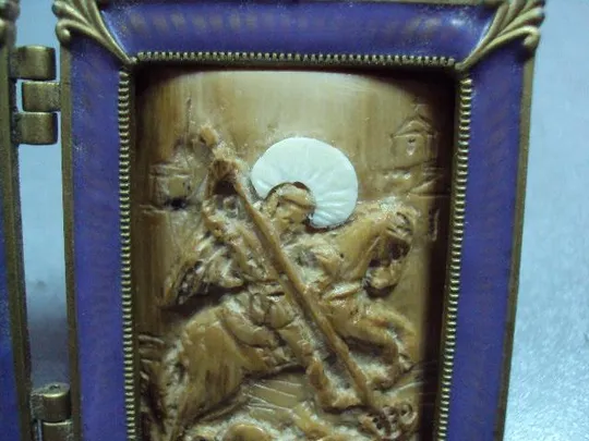 Икона двойная складень святой Николай и Георгий Победоносец кость бивень мамонта миниатюра №13389 Продаж