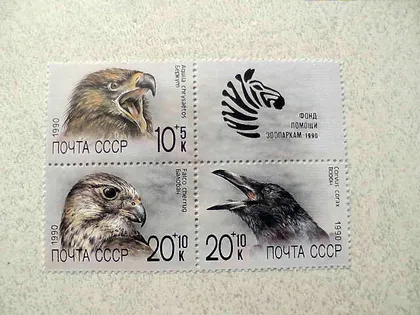 фото, Зчіпка поштових марок СССР " Птахи " 1990 рік **