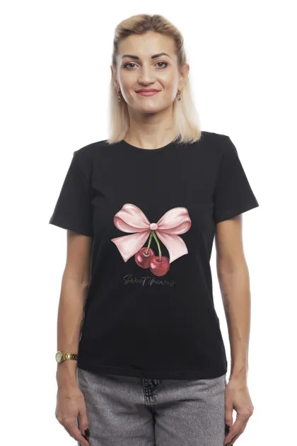 фото, Футболка жіноча однотонна бавовняна Bono принт Вишні прямого крою (різні кольори) 44, Чорний