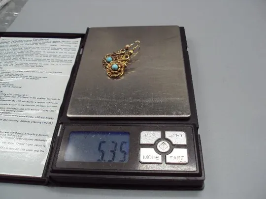 Серьги цветы бирюза цветочки пустотелые золото клеймо ИП 56 проба длина 3,9 см, вес 5,35 г №11688 Недорого