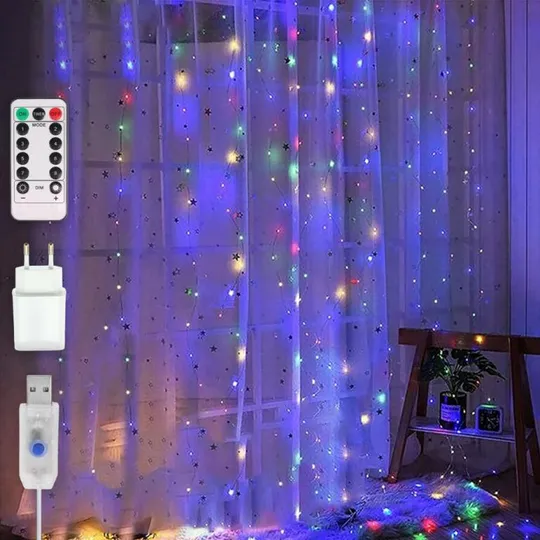 Гирлянда штора Роса + пульт, 1,8x1,2м, 144 LED, от USB и сети 220В, 12 нитей, 8 режимов Мультиколор Ціна