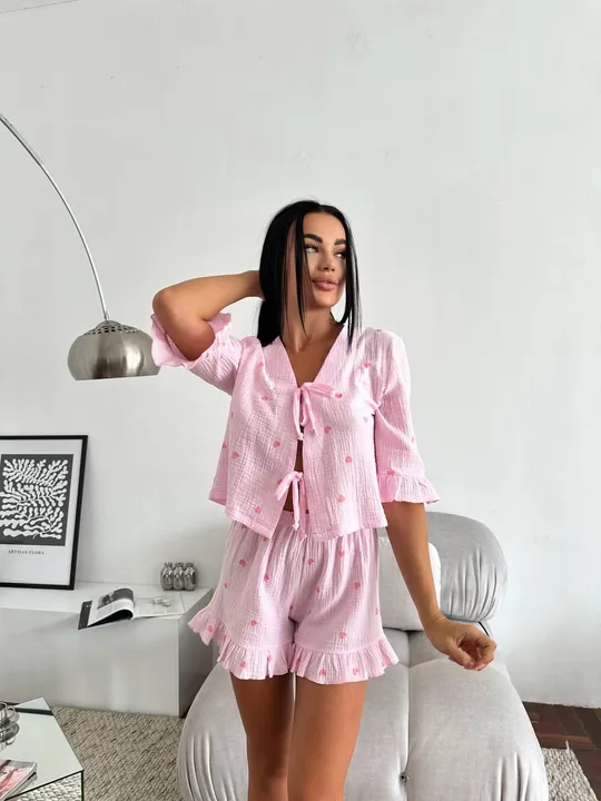 Бавовняна піжама з рюшами принт сердечки рожева S/M M/L Ціна