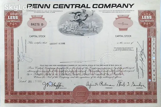 Акція Сертифікат на 5 Акцій Penn Central Company 1969 США Mt 10 Ціна