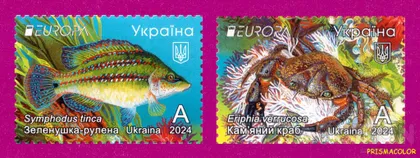 фото, ** УКРАИНА 2024 N2091-2092 марки Рыба и Краб. Фауна Черного моря СЕРИЯ