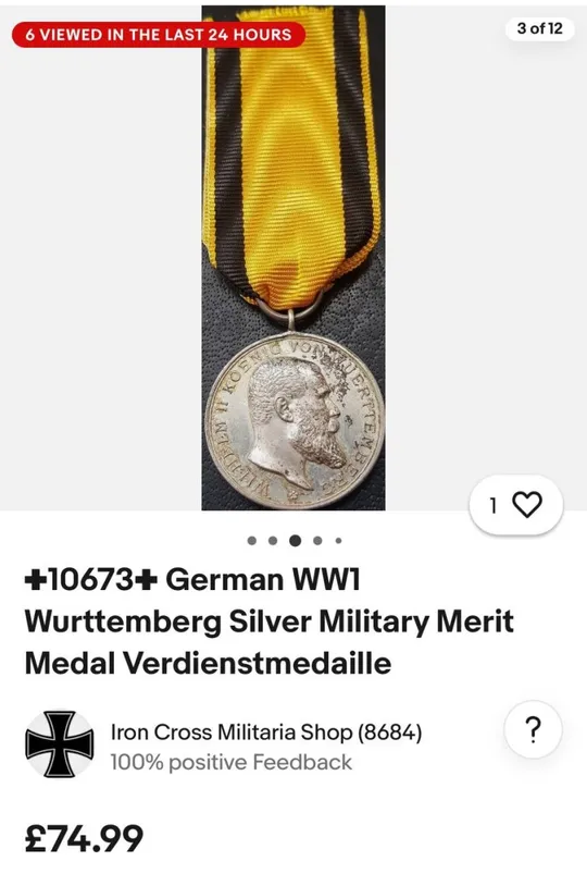 Королевство Вюртемберг.Серебряная медаль за боевые заслуги 1892 г.Зеркальное поле.Состояние БОМБА, Де купити