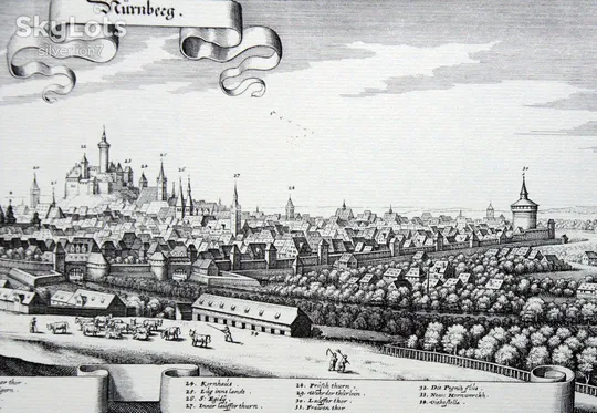 Старовинна гравюра на папері верже Вид на Нюрнберг, 1648, M. Merian З аукціону