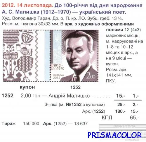 Купити ** УКРАИНА 2012 две марки Андрей Малышко С КУПОНОМ И СТИХАМИ