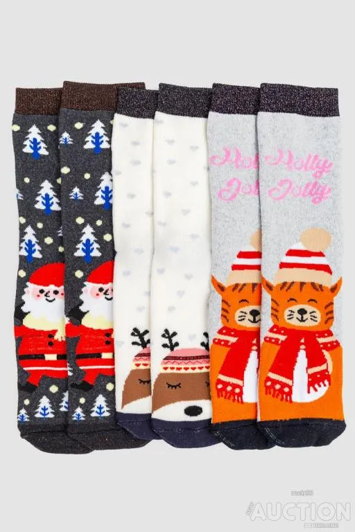 Комплект женских носков новогодних 3 пары, цвет молочный;светло-серый;темно-серый;, 151R259 Ціна