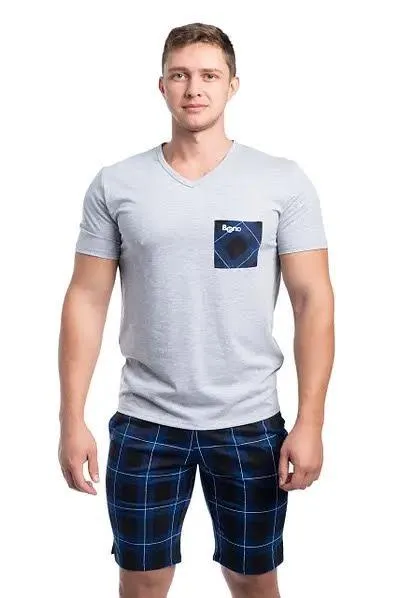 фото, Піжама чоловіча футболка і шорти Bono бавовна інтерлок клітинка синій/сірий (розміри: 48-56) 48