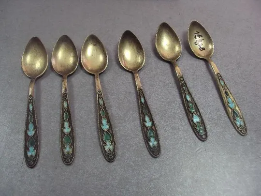 чайные кофейные ложки эмаль серебро 875" ссср лот 6 шт вес 92,48 г №330 Ціна