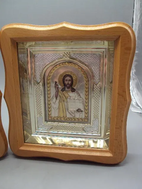 Иконы венчальная пара Спаситель Иисус Христос и Богородица в киотах икона размер 21х18,5 см №5480 Недорого