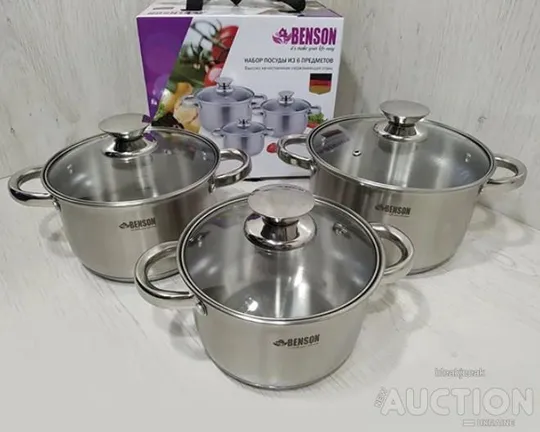 Набір каструль із нержавіючої сталі Benson BN-198 з кришками 6 предметів Продаж