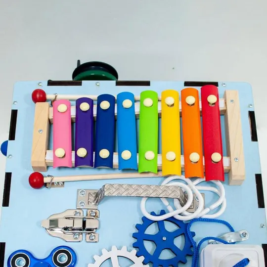 Бизикуб 30x30x30см, 33 элемента, Голубой (Развивающий бизиборд для детей) Недорого