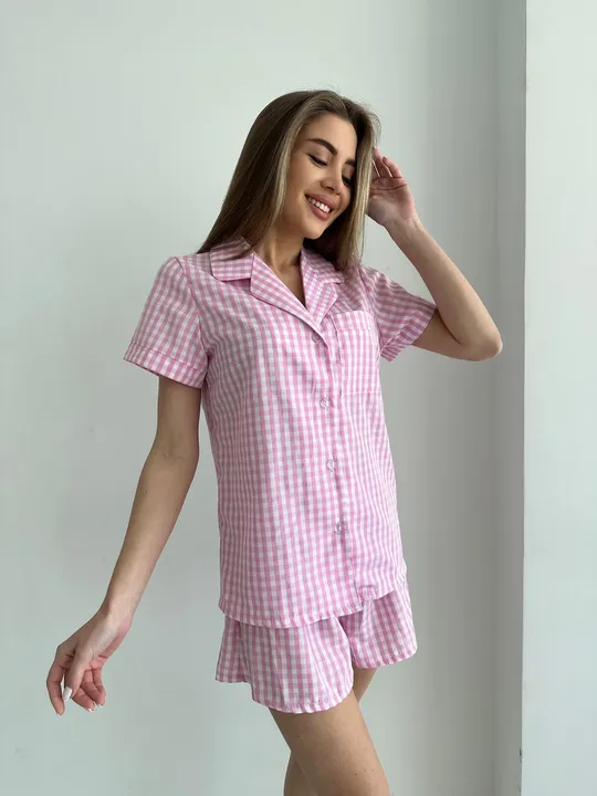 Купити Комплект домашній костюм сорочка короткий рукав і шорти Christel бавовна 130 в клітинку рожевий L