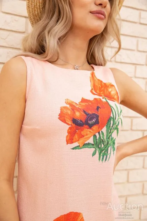 Короткое платье из льна, с цветами Маки, цвет Персиковый, 172R019-1 Де купити