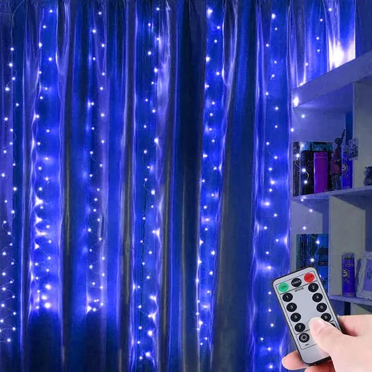 Гирлянда штора Роса + пульт, 1,8x1,2м, 144 LED, от USB и сети 220В, 12 нитей, 8 режимов Синий З аукціону