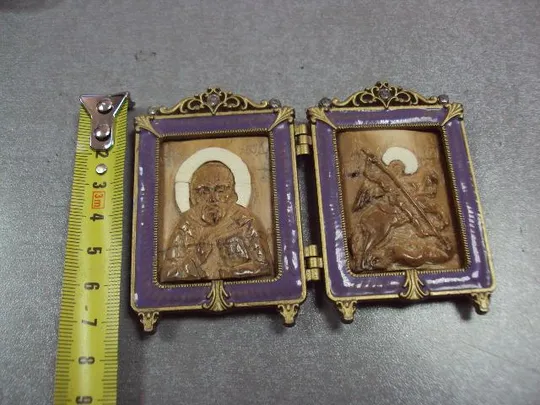 Купити Икона двойная складень святой Николай и Георгий Победоносец кость бивень мамонта миниатюра №13389