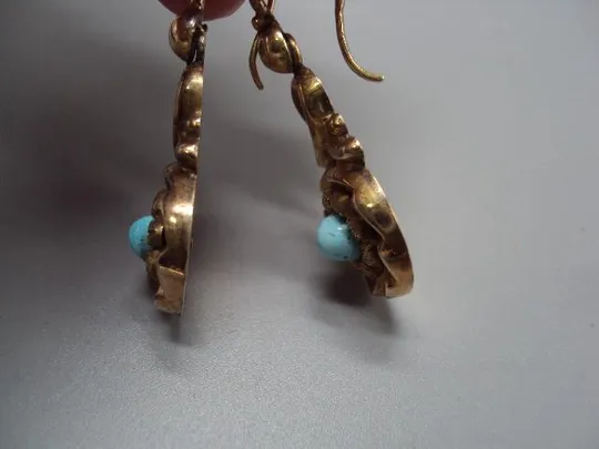 Серьги цветы бирюза цветочки пустотелые золото клеймо ИП 56 проба длина 3,9 см, вес 5,35 г №11688 Продаж