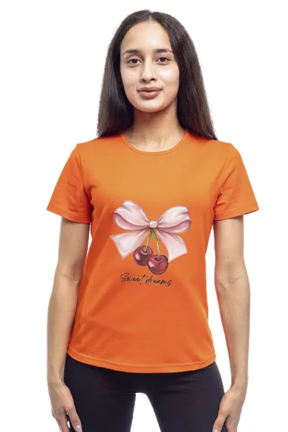 фото, Футболка жіноча однотонна бавовняна Bono принт Вишні прямого крою (різні кольори) 50, Помаранчевий