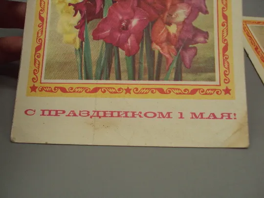 Открытка С праздником 1 мая цветы мальвы фото Г. Костенко оформ.худ. Пармеева 1975 лот 3 шт №17949 Продаж