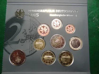 фото, Комплект євромонет Німеччини 2015 J (повний комплект+ 2 ювілейні) UNC