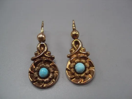 Серьги цветы бирюза цветочки пустотелые золото клеймо ИП 56 проба длина 3,9 см, вес 5,35 г №11688 Ціна
