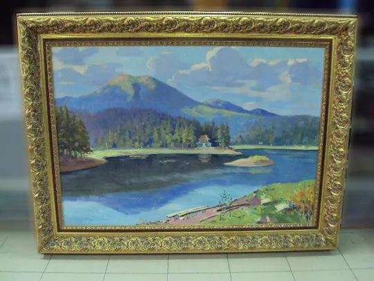Картина Горный пейзаж горы река Якубек 1961 г. холст, масло в ажурной раме размер 118,6х158 см №186 Ціна
