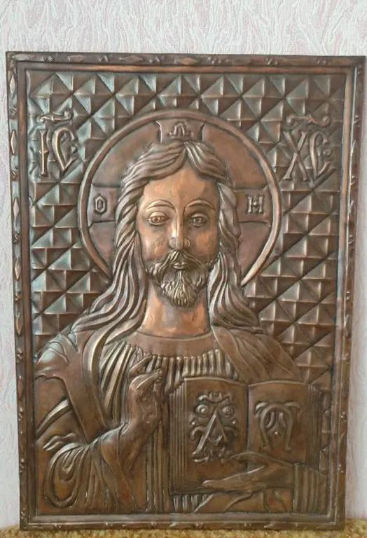 Купити Иисус Христос медная чеканка винтаж деревянная основа сзади mk265