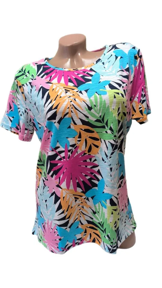 Футболка жіноча бавовняна з віскозою Bono принт Листя різнобарвна (розміри: 54-60) 60 Ціна