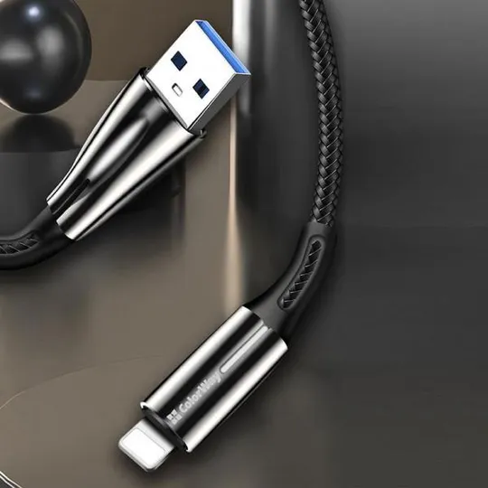 Кабель ColorWay USB - Lightning (M/M), 2.4 А, Zinc Alloy + Led, 1 м, Black (CW-CBUL035-BK) Де купити