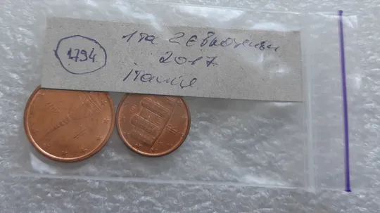 (1794) 1 євроцент 2017 та 2 євроценти 2017 Італія - 2 монети одним лотом (1 евроцент 2017, 2 евроцента 2017 Италия) Характеристики