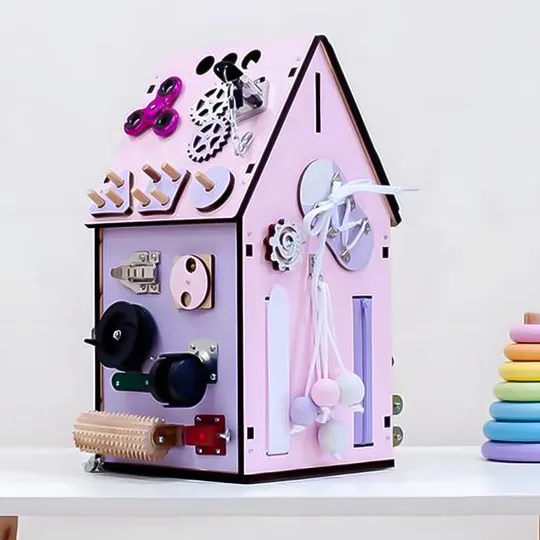 Бизидом 20х20х40см, 33 элемента, Розовый с сиреневым (Развивающий бизиборд для детей) Ціна