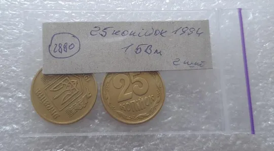 (2880) 25 копійок 1994 1БВм, нечаста -  2 монети в хорошому стані, одним лотом (25 копеек 1994 1БВм) Продаж