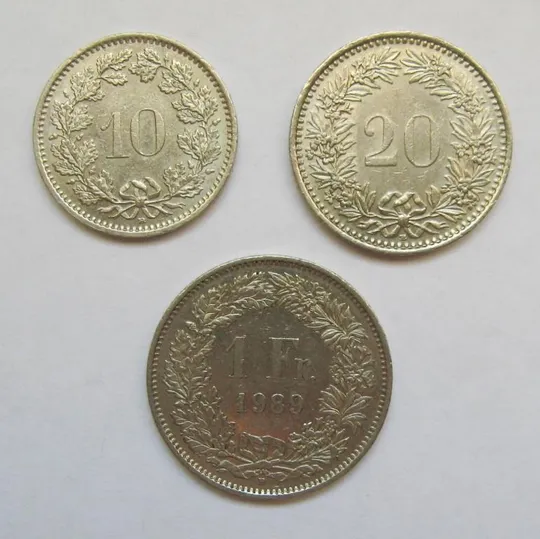 Купити 10, 20 рапенів і 1 франк = 1989 р. = ШВЕЙЦАРІЯ