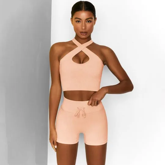 Комплект для фитнеса топ и велосипедки Рубчик 9637 S персиковый Ціна