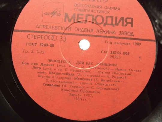 Пластинка мелодия Принцесса Для вас женщины 1989 Николаев, Ротару, Орбакайте диаметр 30 см №15397МЯ Інструкція