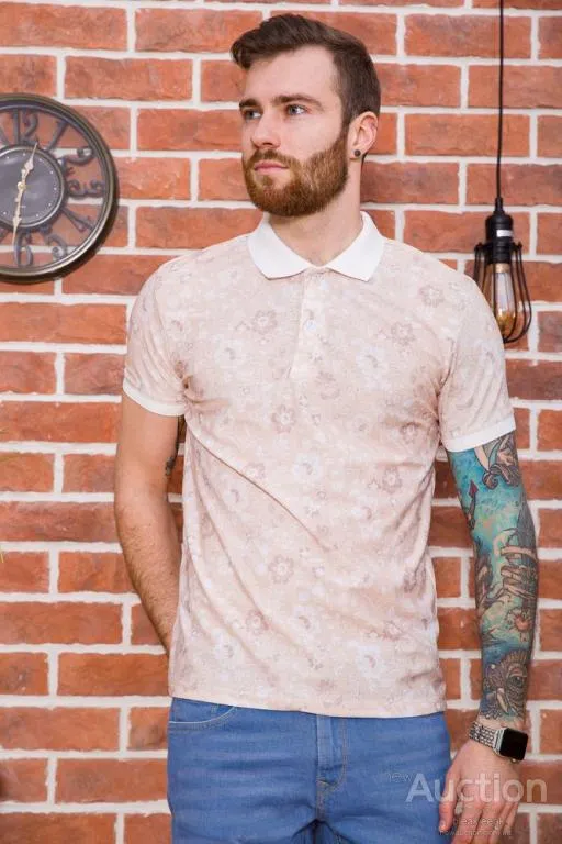 Мужское поло, в цветочный принт, бежевого цвета, 194R2120 Ціна