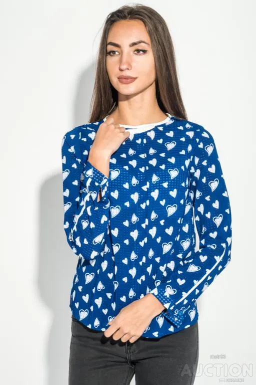 Купити Блуза с длинным рукавом, сине-белого цвета в принт сердце, 115R170