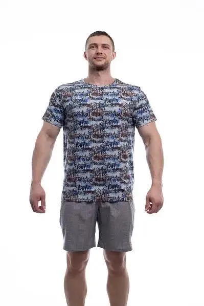 фото, Футболка чоловіча бавовна Bono приточна горловина 950312 принт блакитна (розміри: 48-54) 50