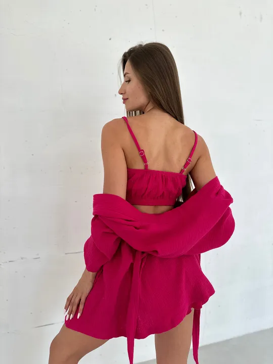 Комплект для дому і сну трійка з мусліну, халат кімоно, топ і шортики малиновий Інтернет-аукціон