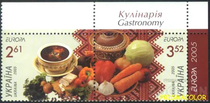 фото, ** УКРАИНА 2005 сцепка Кулинария Борщ УГОЛ С НАДПИСЬЮ ПВ