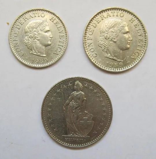 10, 20 рапенів і 1 франк = 1989 р. = ШВЕЙЦАРІЯ Ціна