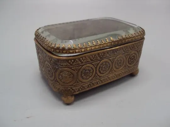 Шкатулка для украшений прямоугольная стекло, металл латунь старинная высота 4,3 см (№1358) Ціна